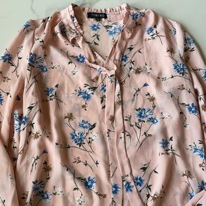 Timing Sheer Floral Pink Blouse Tie Neck